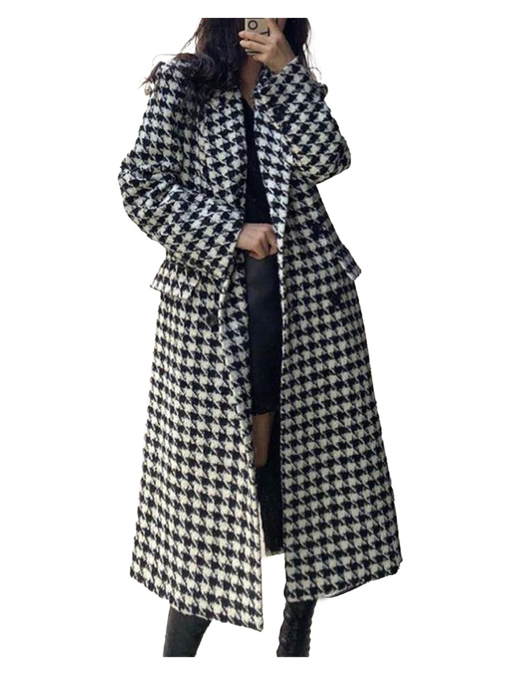 Houndstooth Trench Coat Quilted Lined Oversized Pea Coat Chic Classic Elegant